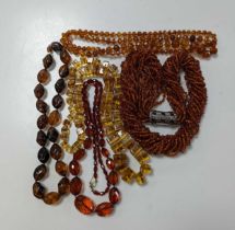 A collection of amber and reconstituted amber bead necklaces (5)