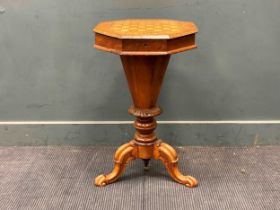 A Victorian chequer board marquetry top work table 72 x 44 x 44cm the dark marks on the top are