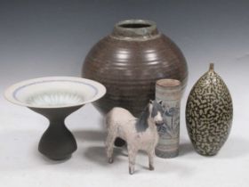 A large studio pottery bulbous vase; together with a pottery horse, vases etc Condition is good,