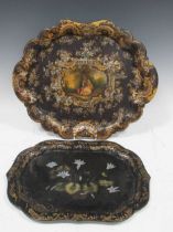 two papier mache trays by Jennings and Bettridge Leaf-decorated tray - Cracking around the side/rim.