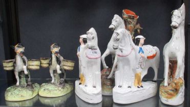 Staffordshire figures. Three horse and pony pairs including pannier ponies (6)