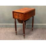 A 19th century line inlaid mahogany work table on reeded legs 71 x 36 x 54cm closed 71 x 69 x 54cm