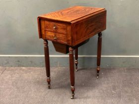 A 19th century line inlaid mahogany work table on reeded legs 71 x 36 x 54cm closed 71 x 69 x 54cm