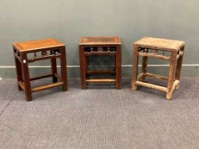 Three Chinese hardwood stools, 48 x 41 x 30cm approx