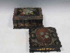 A Victorian Jennens & Bettridge papier mache box with floral decoration 6 x 25 x 25cm together