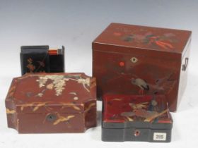 A Chinese shaped box with mother of pearl moulded decoration together with three other Chinese boxes