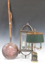 A picnic case, hall lantern with chain, Empire style desk lamp and a warming pan