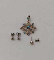 A pair of diamond ear studs, together with a single ear stud, and a turquoise and split pearl