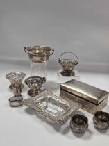 A collection of silverware including bon bon dishes, cruets, porringer etc, 16ozt weighable silver