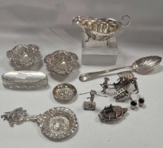 A collection of silverware including sauce boat, spoon, pin trays etc together with some continental