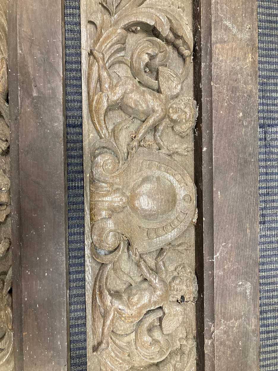 Two 19th century carved oak panels, each with a central cartouche flanked by cherubs and scrolling - Image 4 of 4