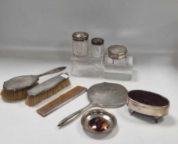 Various silver dressing table items, brushes, ashtray, glass bottles etc