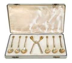 W&S Sorrensen, a cased set of 6 parcel gilt teaspoons and tongs
