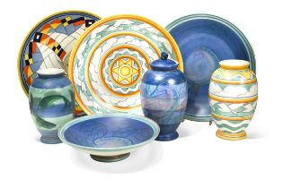 Sally Tuffin for Poole pottery, a group of chargers and vases,