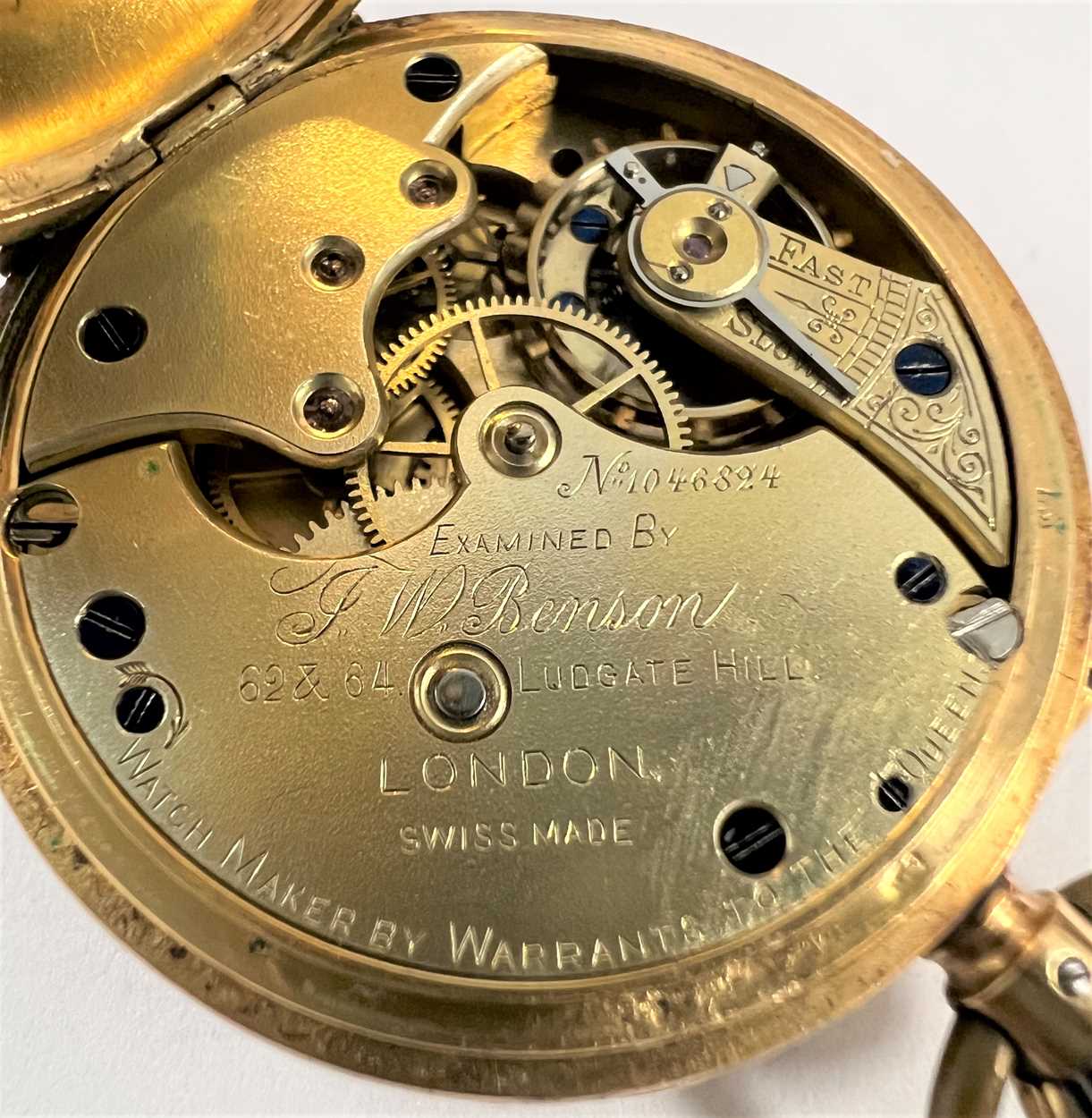 J.W. Benson, London - A Swiss 18ct gold open faced pocket watch with accompanying chain, - Image 8 of 14