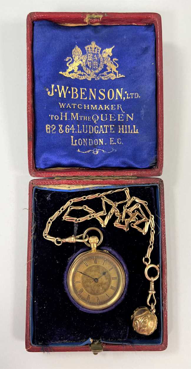 J.W. Benson, London - A Swiss 18ct gold open faced pocket watch with accompanying chain, - Image 13 of 14