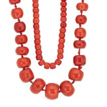 Two coral bead necklaces,