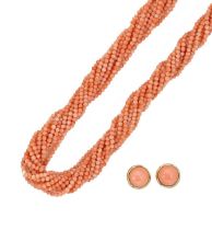 A multi strand coral necklace, together with a pair of ear studs,