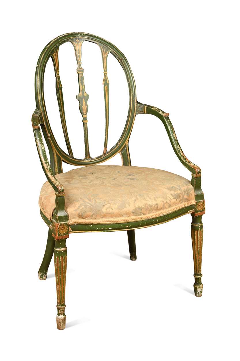 A George III green and gold painted open armchair in the Hepplewhite style,