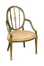 A George III green and gold painted open armchair in the Hepplewhite style,