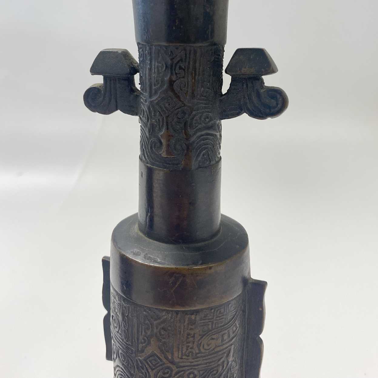 Three Chinese bronze small cylinder vases in an archaic style, - Image 7 of 10