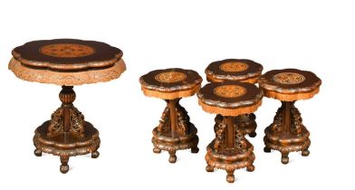 A Chinese carved and inlaid wood Mahjong stem table and four stools en suite, mid 20th century,