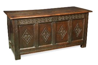 An oak four-panel coffer, 17th century,