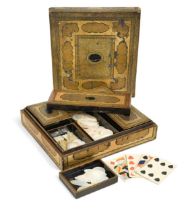 A Chinese export gold and black lacquer games box, Qing Dynasty, circa 1800,