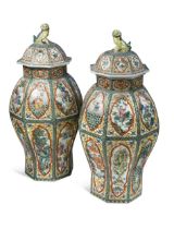 A large pair of oriental famille verte octagonal vases, 20th century,