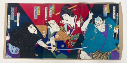 Two Japanese triptych woodblock prints, 19th century,