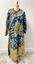 A Chinese blue and yellow silk dragon robe, 20th century,