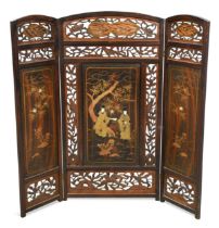 A Japanese carved and lacquered faux rosewood triple-panel room screen, late Meiji Period,