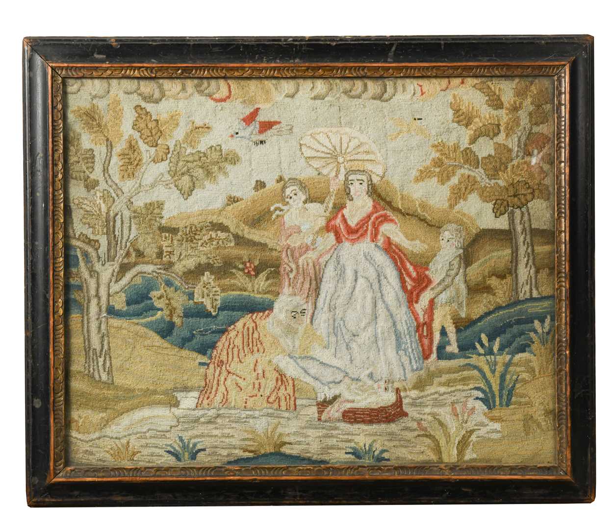 A Continental woolwork picture of a Baptism, 19th century,
