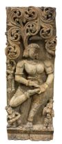 An Indian high relief carved wood panel depicting Shiva and three acolytes, 19th/20th century,