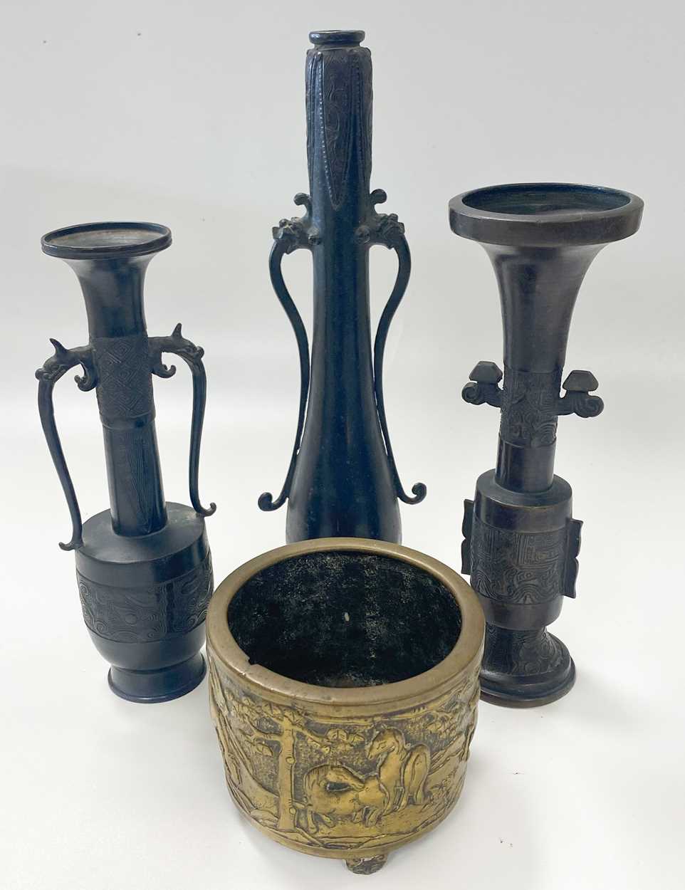 Three Chinese bronze small cylinder vases in an archaic style, - Image 2 of 10