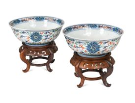 A pair of Chinese Doucai porcelain bowls, each with seal marks of the Qianlong Emperor but later,