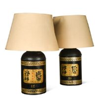 A pair of Japanned tea canisters, now as lamps, 19th century,