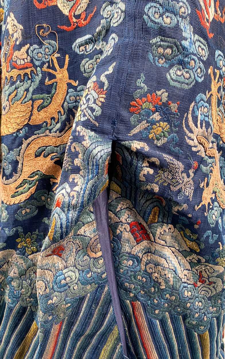A Chinese embroidered silk blue ground dragon robe, late Qing Dynasty, - Image 8 of 18