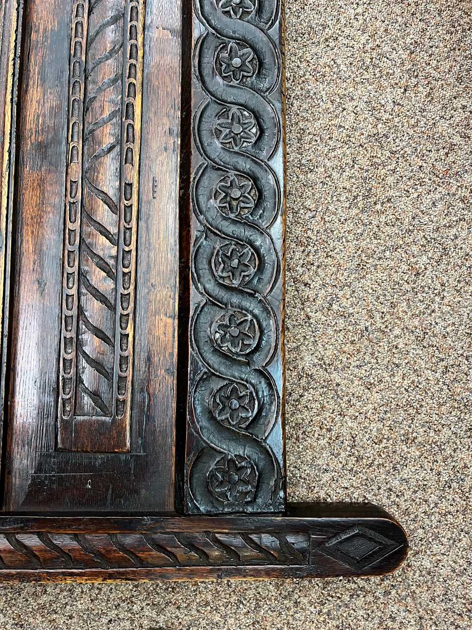 A carved oak panel back settle, 17th century and later, - Bild 9 aus 13