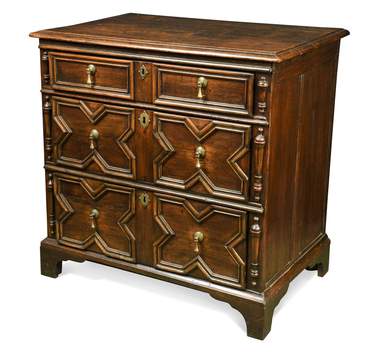 An oak geometric chest of drawers, late 17th century,