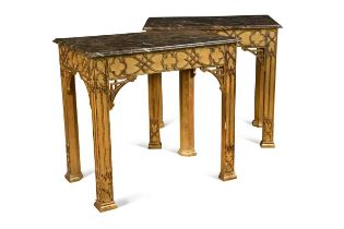 A pair of giltwood and marble top console tables, 20th century,