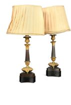 A pair of Regency style bronzed and gilt metal triform candlestick lamps, 20th century,