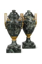 A pair of verde antico marble and gilt metal mounted urns, late 19th century,