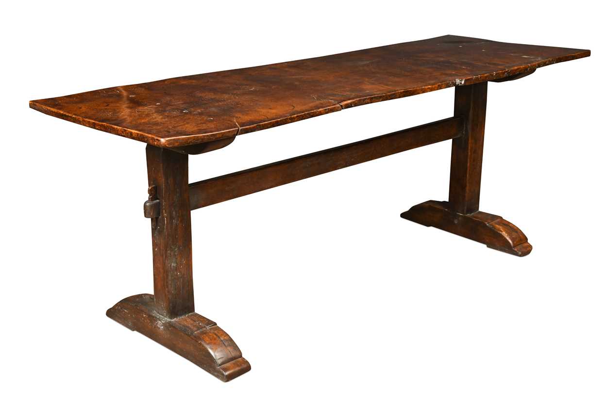 A single plank burr oak refectory table, late 17th / early 18th century style,