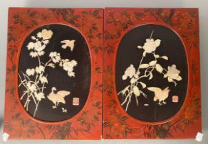 A pair of Japanese carved ivory and mother-of-pearl inlaid lacquer panels, circa 1900,