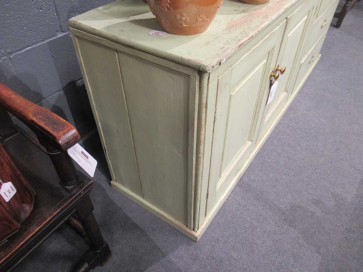 A late Victorian green painted pine kitchen dresser base, - Bild 10 aus 10