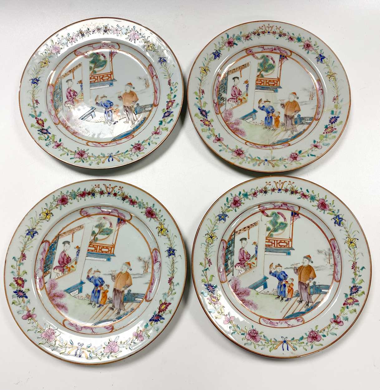 A set of four Chinese famille rose export plates, Qing Dynasty, circa 1780,