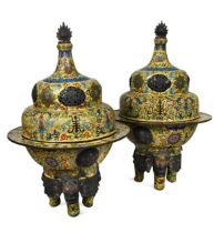 A pair of Chinese yellow ground cloisonne tripod incense burners and covers, 20th century,