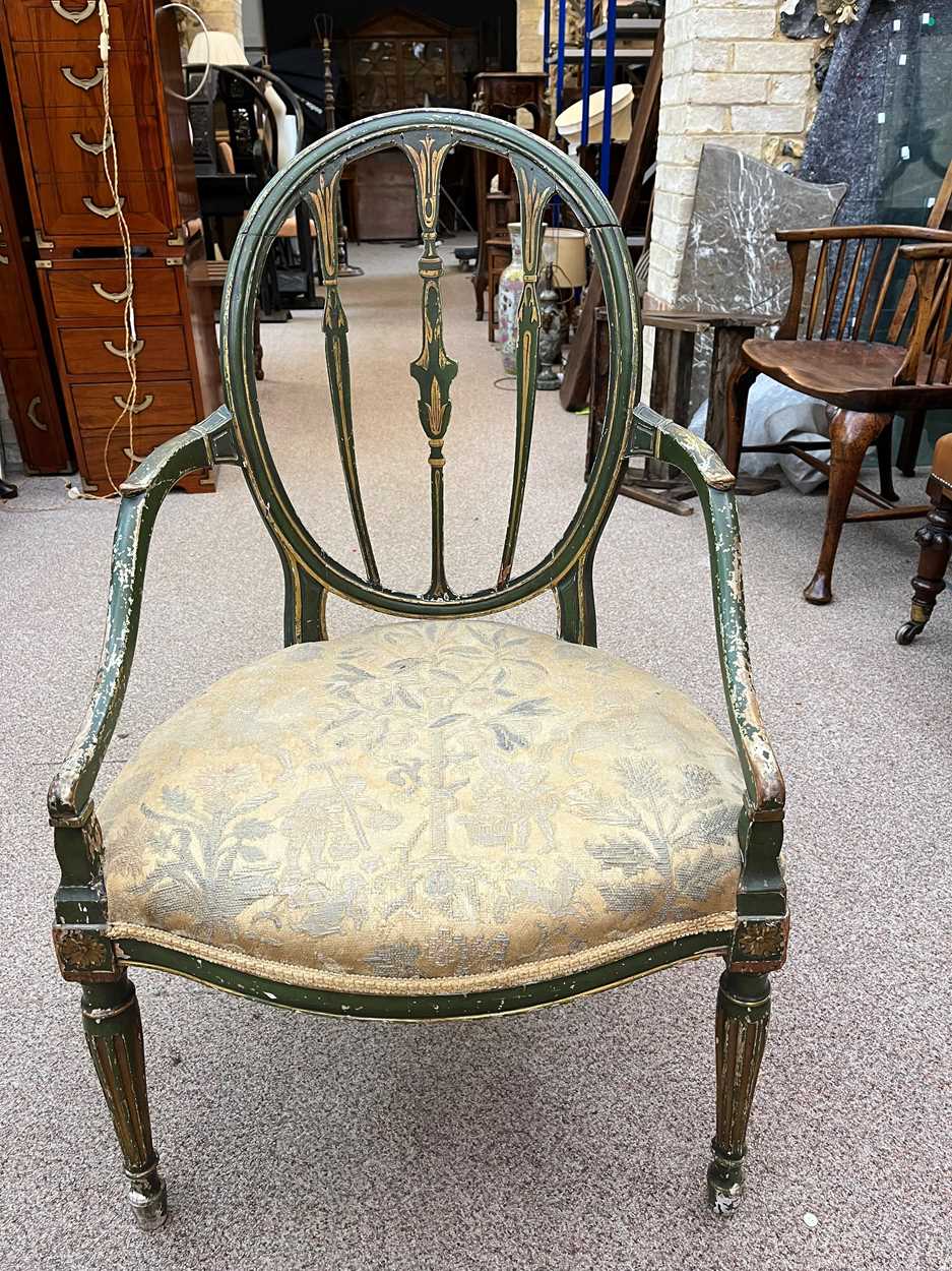A George III green and gold painted open armchair in the Hepplewhite style, - Bild 4 aus 7