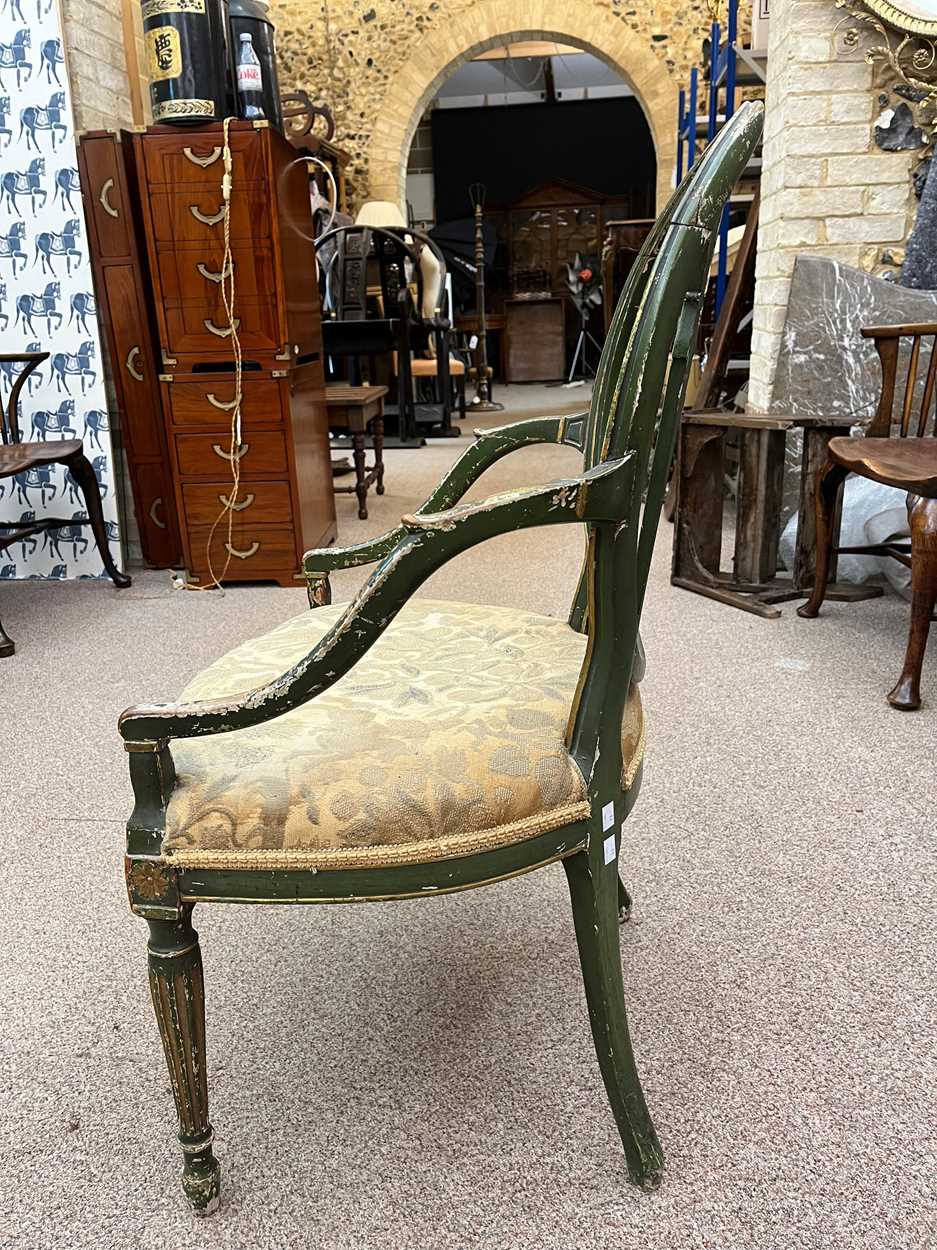 A George III green and gold painted open armchair in the Hepplewhite style, - Bild 6 aus 7